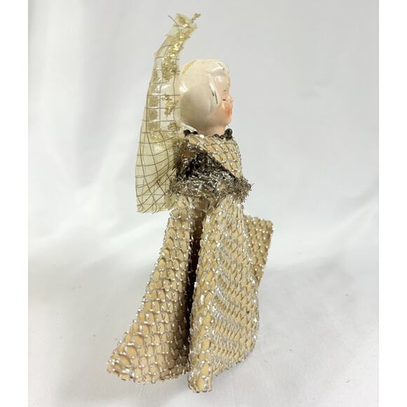 Holt Howard Ceramic Head Gold Mesh Angel Vintage MCM Christmas Tree Topper 8.5” - Picture 4 of 7
